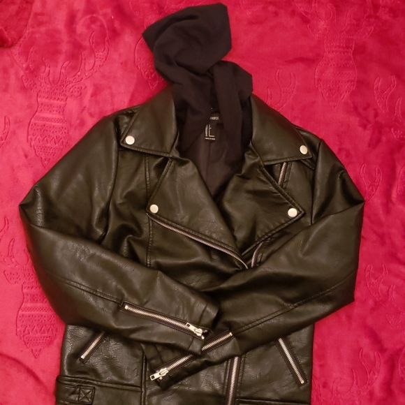 Faux Leather Moto Jacket with hood - Picture 3 of 8